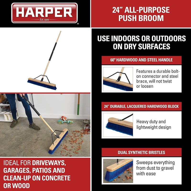 Harper 20201044 24 in. Indoor/Outdoor Dry All-Purpose Push Broom with Dual Bristles, for Dust, Gravel, Debris - Image 2